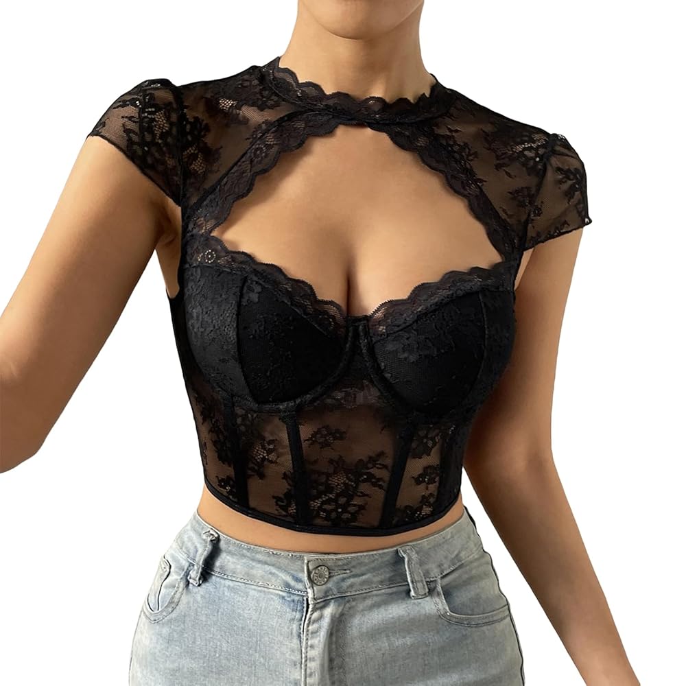 Women Short Sleeve Corset Top Cutout Lace Crop Tops (White